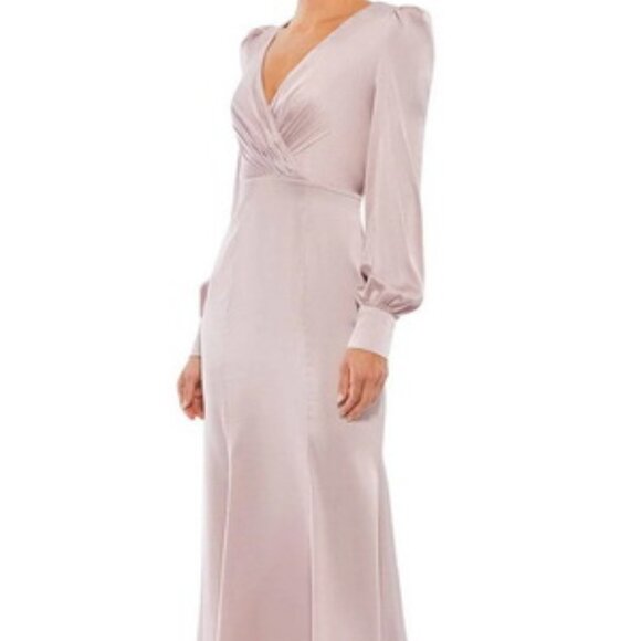 Mac Duggal Rose Pink Ruched Satin Long Bishop Sleeve Gown